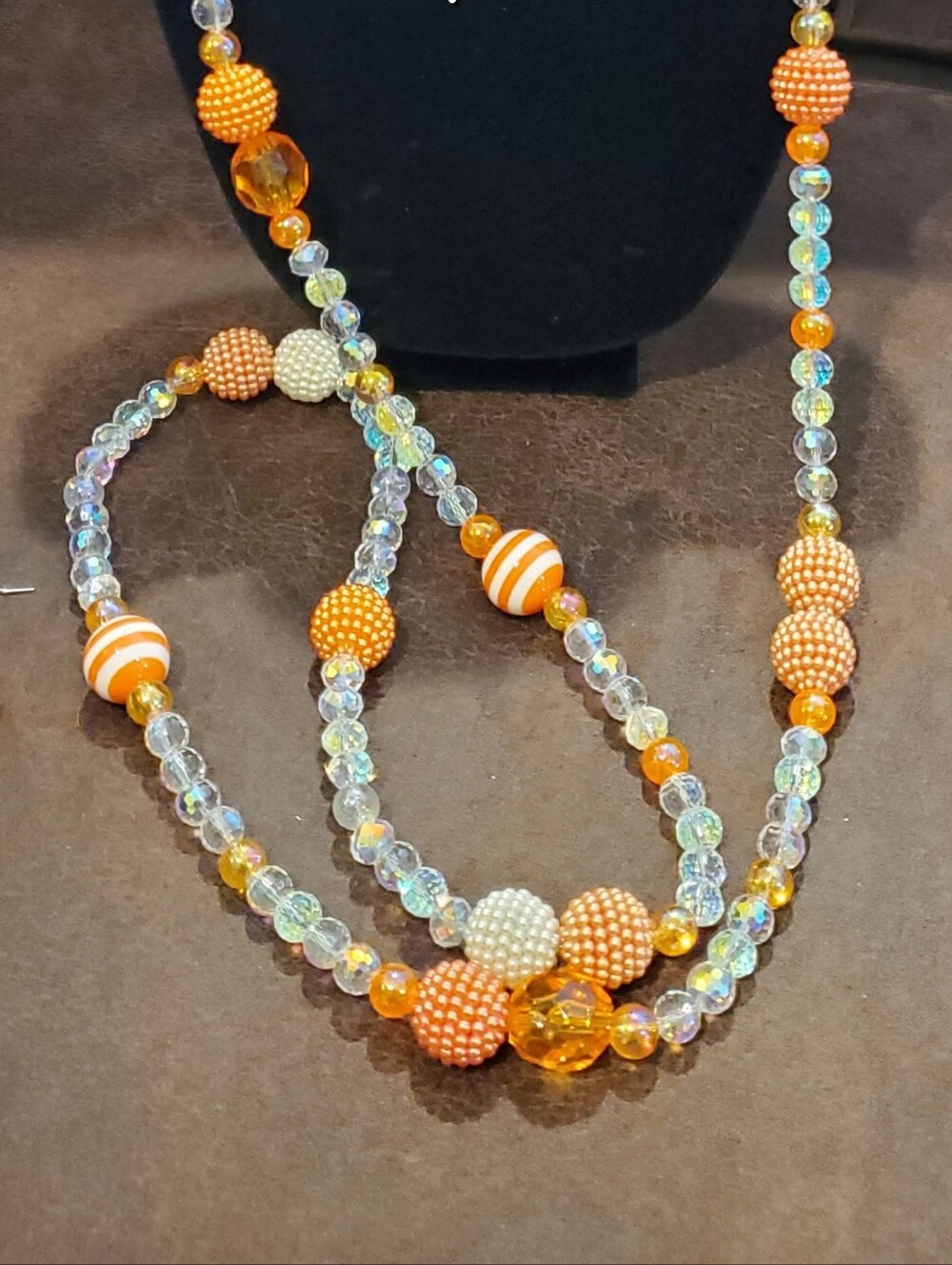 Hand Crafted Orange and Iridescent Beaded Necklace Set